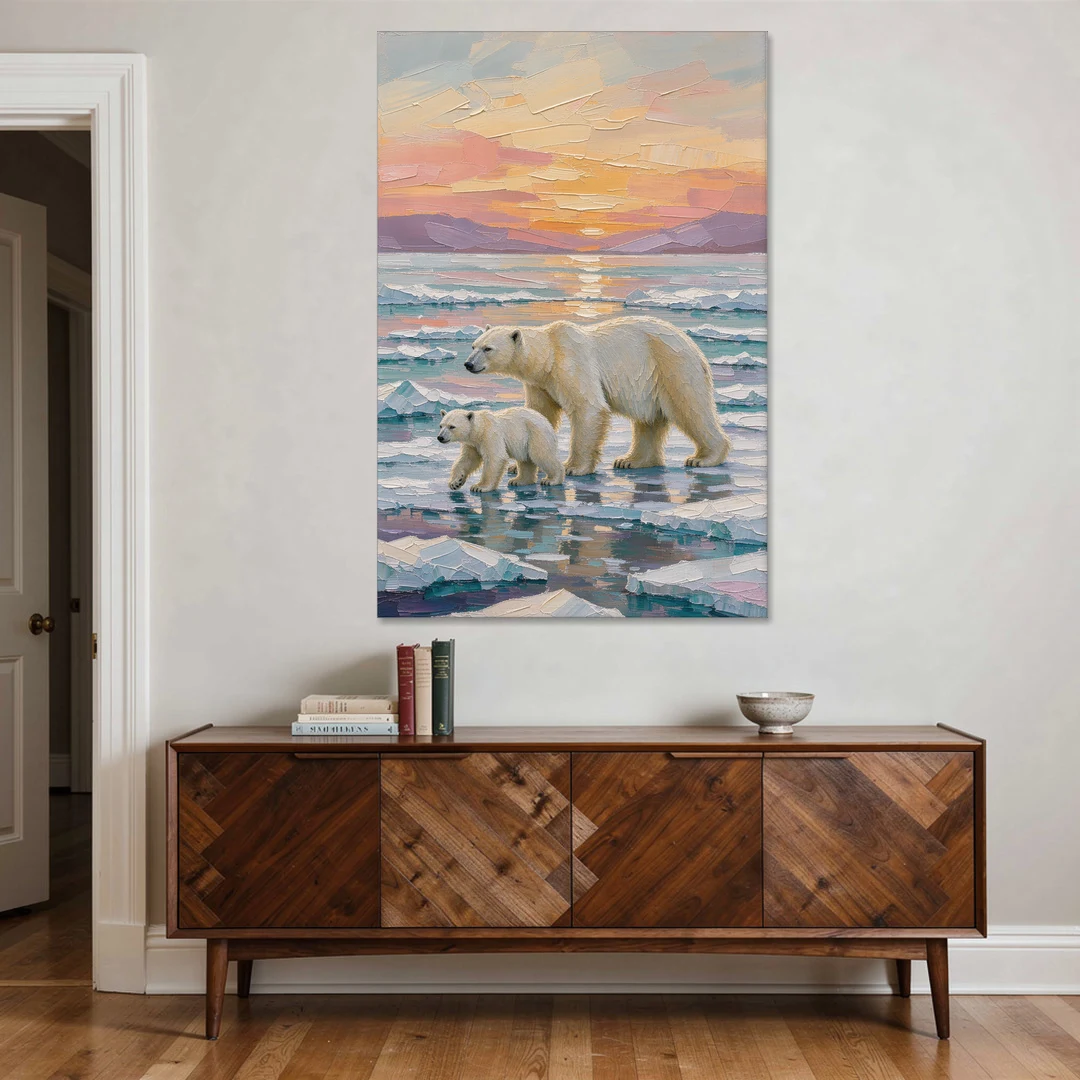 Polar Bear Painting with Cub at Sunset - Canvas Wall Art - Coffee Table - 40x60
