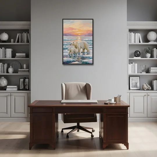 Polar Bear Painting with Cub at Sunset - Black Framed Canvas Wall Art - Office - 24x36