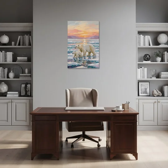 Polar Bear Painting with Cub at Sunset - Canvas Wall Art - Office - 24x36