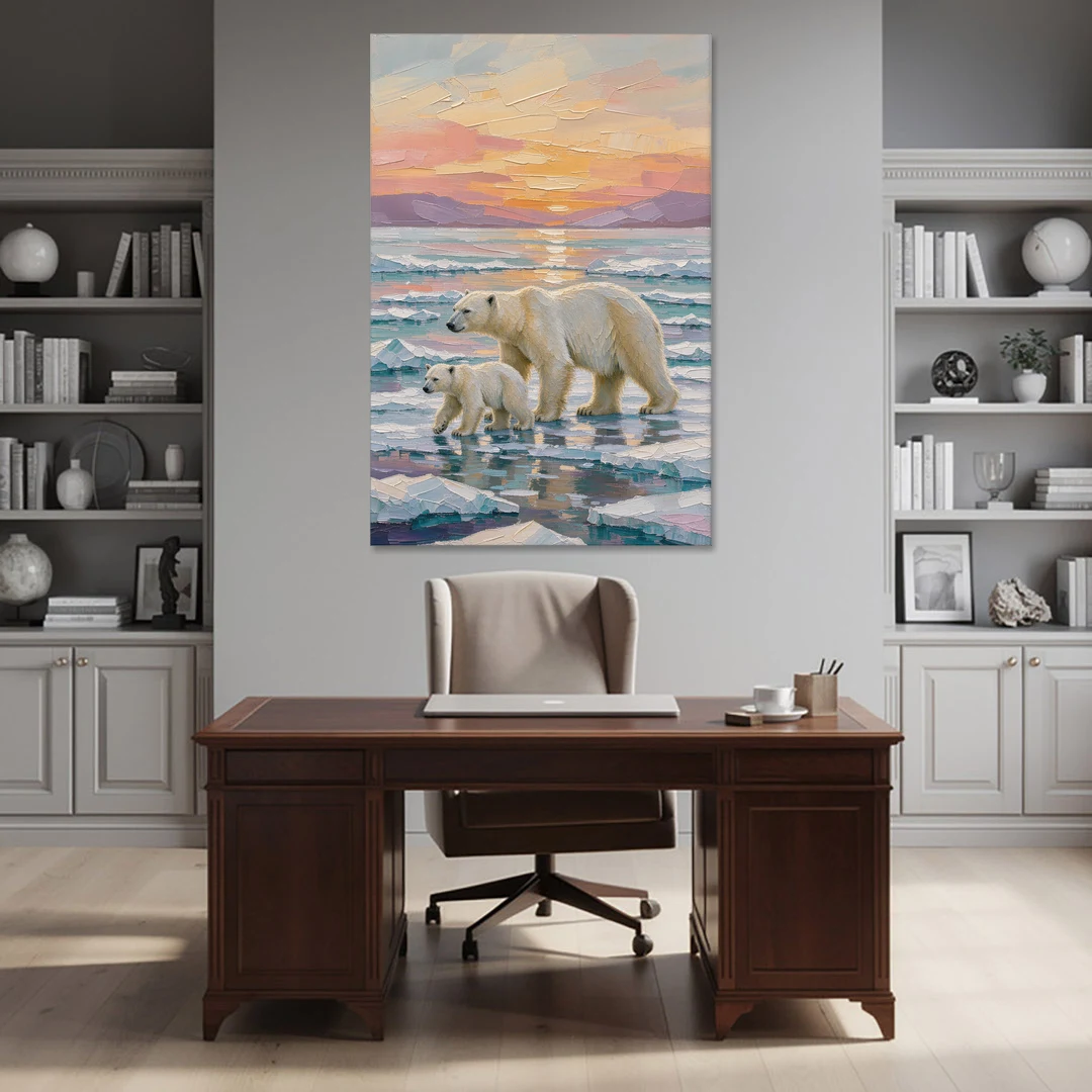 Polar Bear Painting with Cub at Sunset - Canvas Wall Art - Office - 40x60