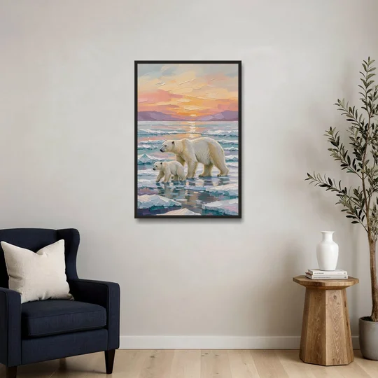 Polar Bear Painting with Cub at Sunset - Black Framed Canvas Wall Art - Sofa - 24x36