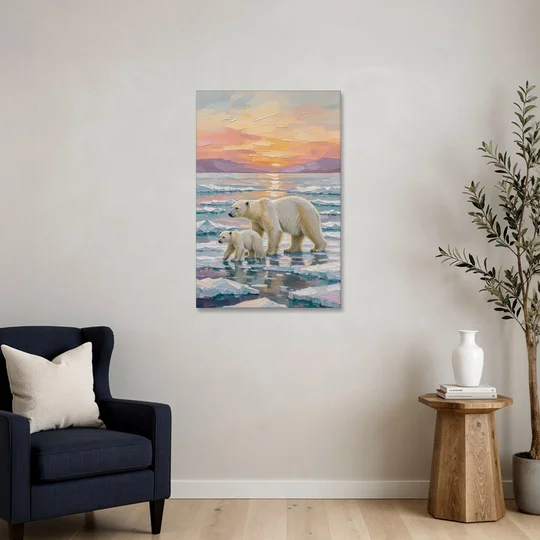 Polar Bear Painting with Cub at Sunset - Canvas Wall Art - Sofa - 24x36