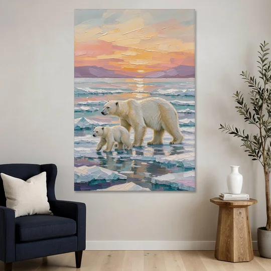 Polar Bear Painting with Cub at Sunset - Canvas Wall Art - Sofa - 40x60