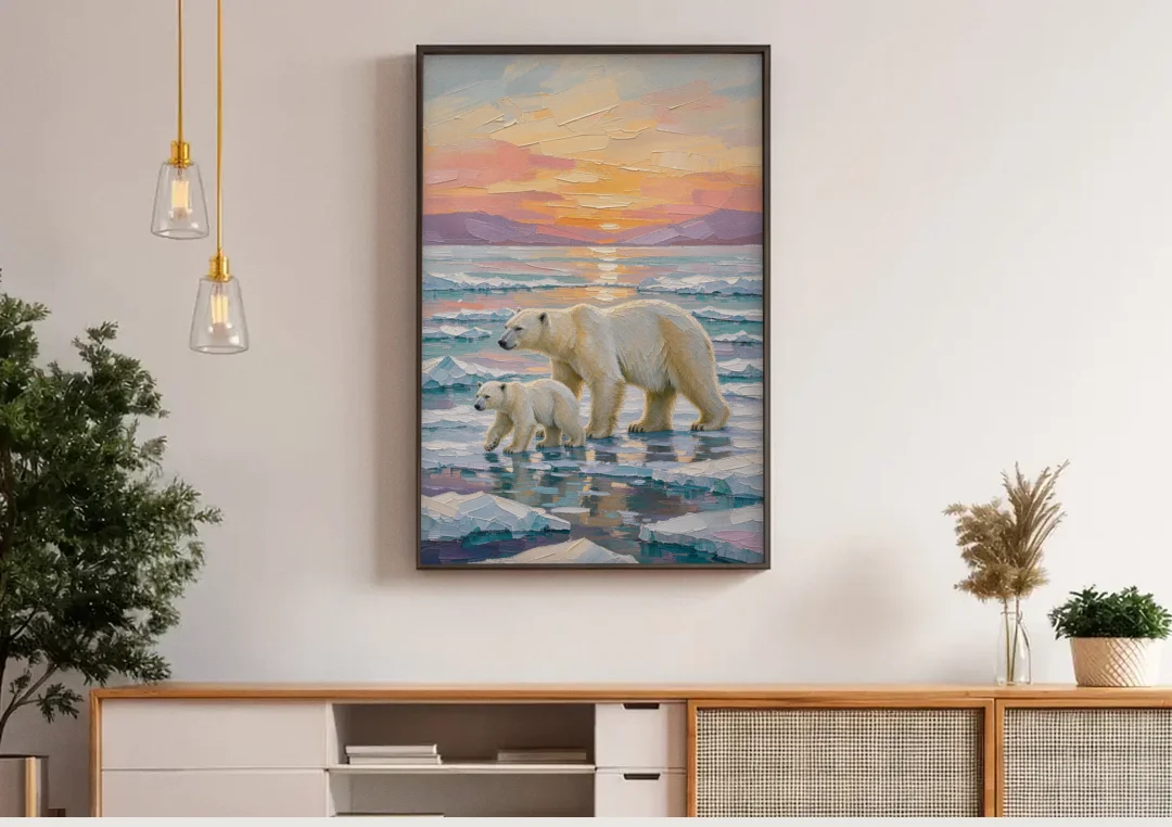 Polar Bear Painting with Cub at Sunset canvas wall art above a wooden sideboard under pendant lights
