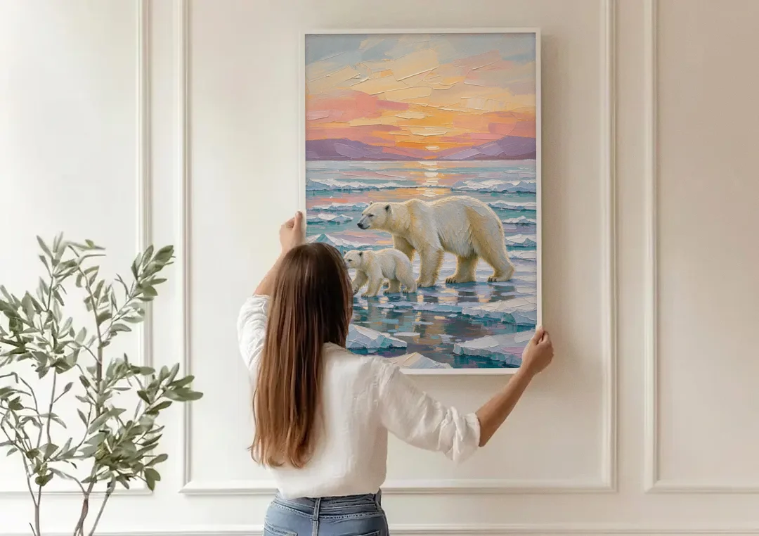 Polar Bear Painting with Cub at Sunset canvas wall art being hung on a paneled wall