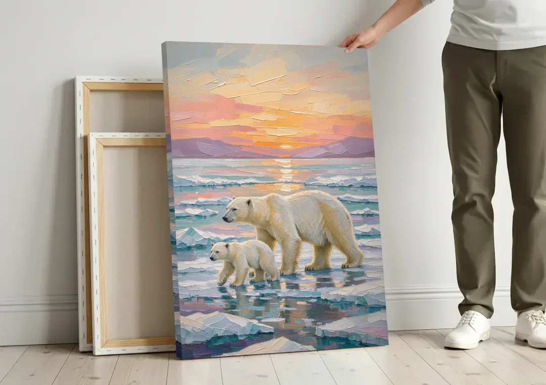 Polar Bear Painting with Cub at Sunset canvas wall art leaning against a wall next to blank canvases