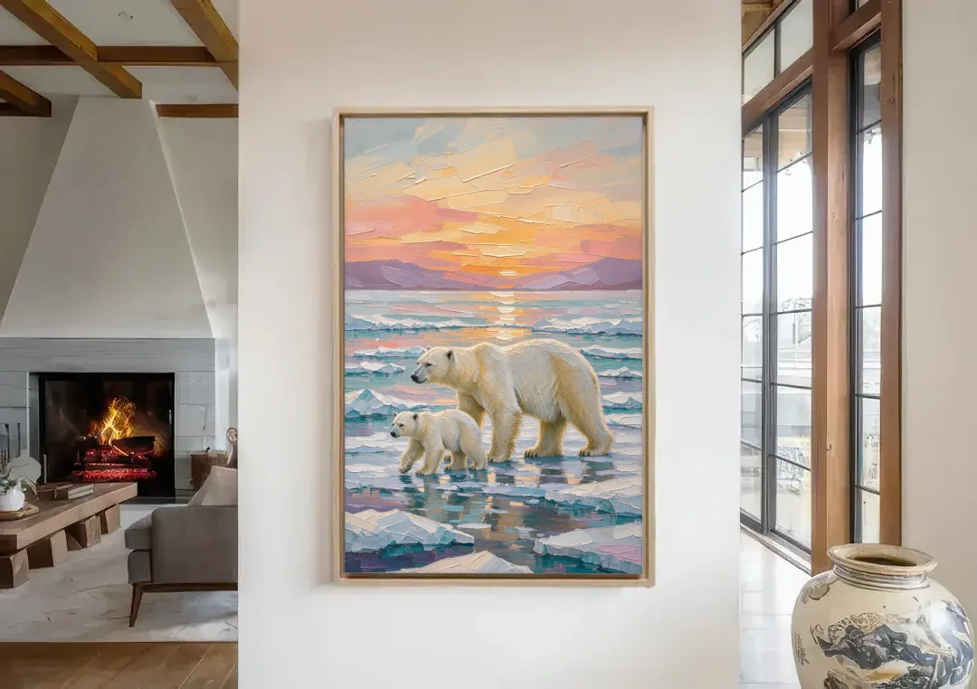 Polar Bear Painting with Cub at Sunset canvas wall art in a living room with a fireplace