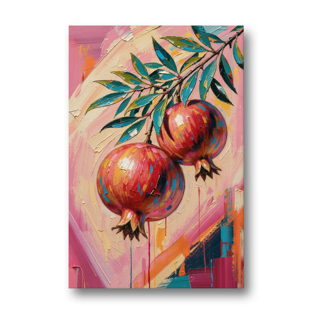 Pomegranate Painting with Two Fruits on Pink - Canvas Wall Art - Front