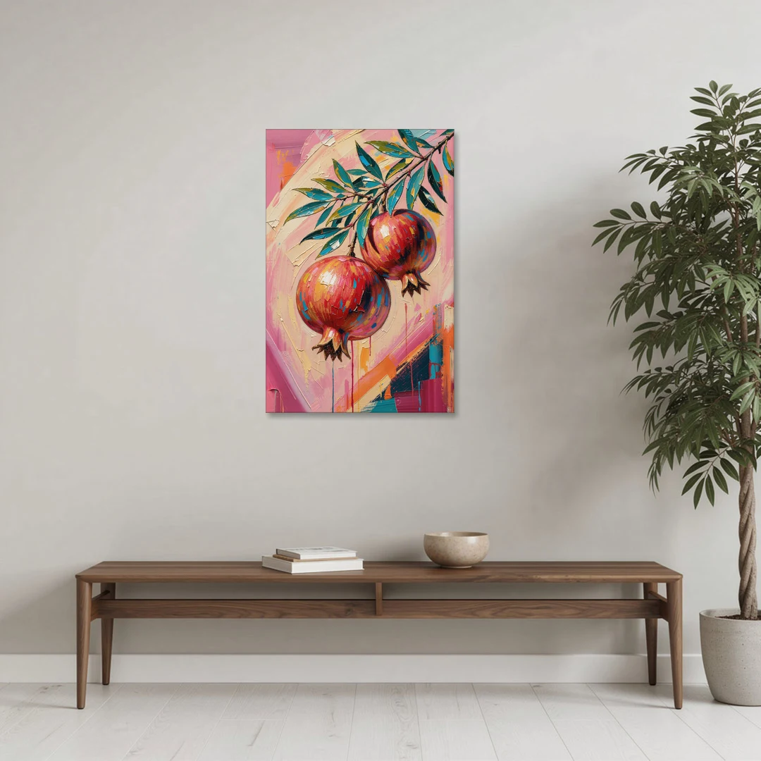 Pomegranate Painting with Two Fruits on Pink - Canvas Wall Art - Coffee Table - 24x36