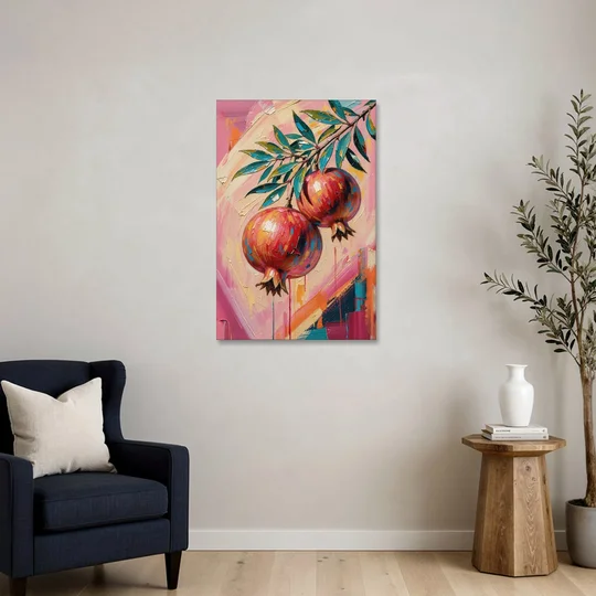 Pomegranate Painting with Two Fruits on Pink - Canvas Wall Art - Sofa - 24x36
