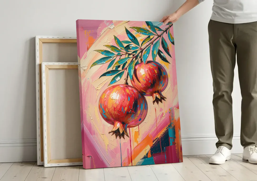 Pomegranate Painting with Two Fruits on Pink canvas wall art leaning against a wall next to blank canvases