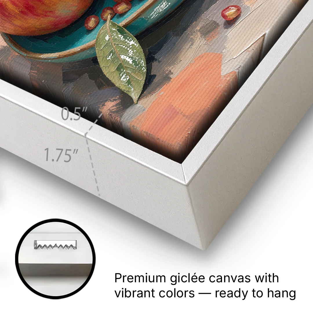Pomegranates in a Turquoise Bowl for the Kitchen - White Framed Canvas Wall Art - Gallery Wrap Corner
