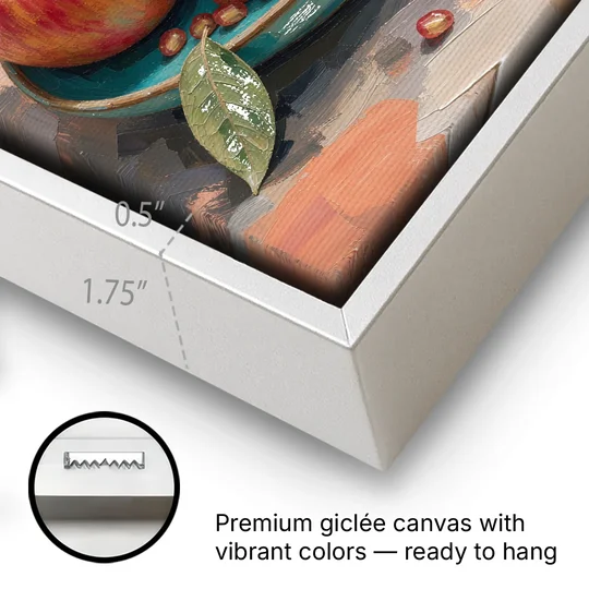 Pomegranates in a Turquoise Bowl for the Kitchen - White Framed Canvas Wall Art - Gallery Wrap Corner