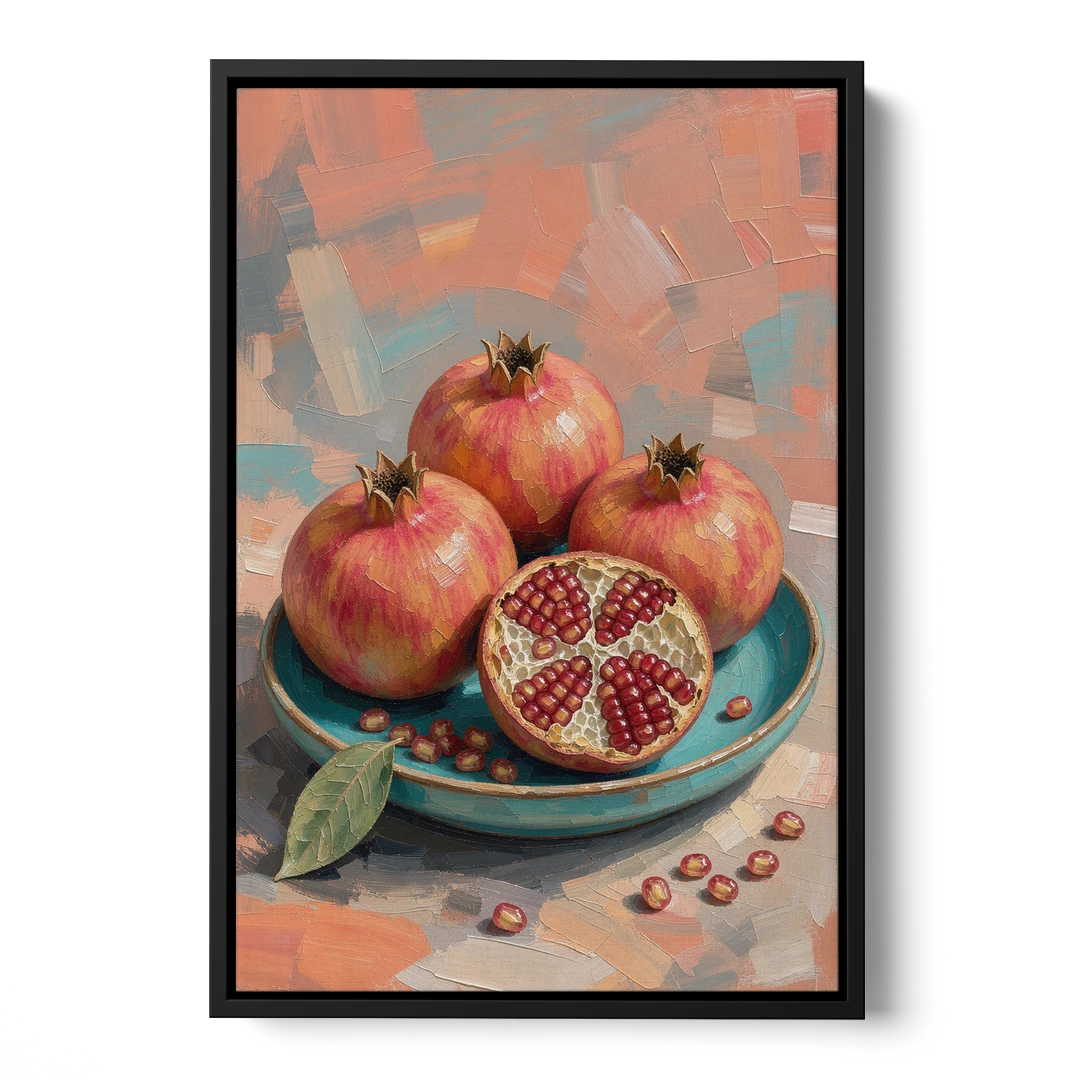 Pomegranates in a Turquoise Bowl for the Kitchen - Black Framed Canvas Wall Art - Front