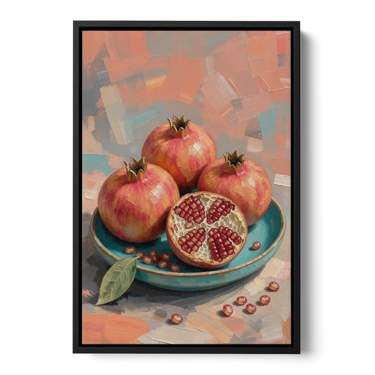 Pomegranates in a Turquoise Bowl for the Kitchen - Black Framed Canvas Wall Art - Front