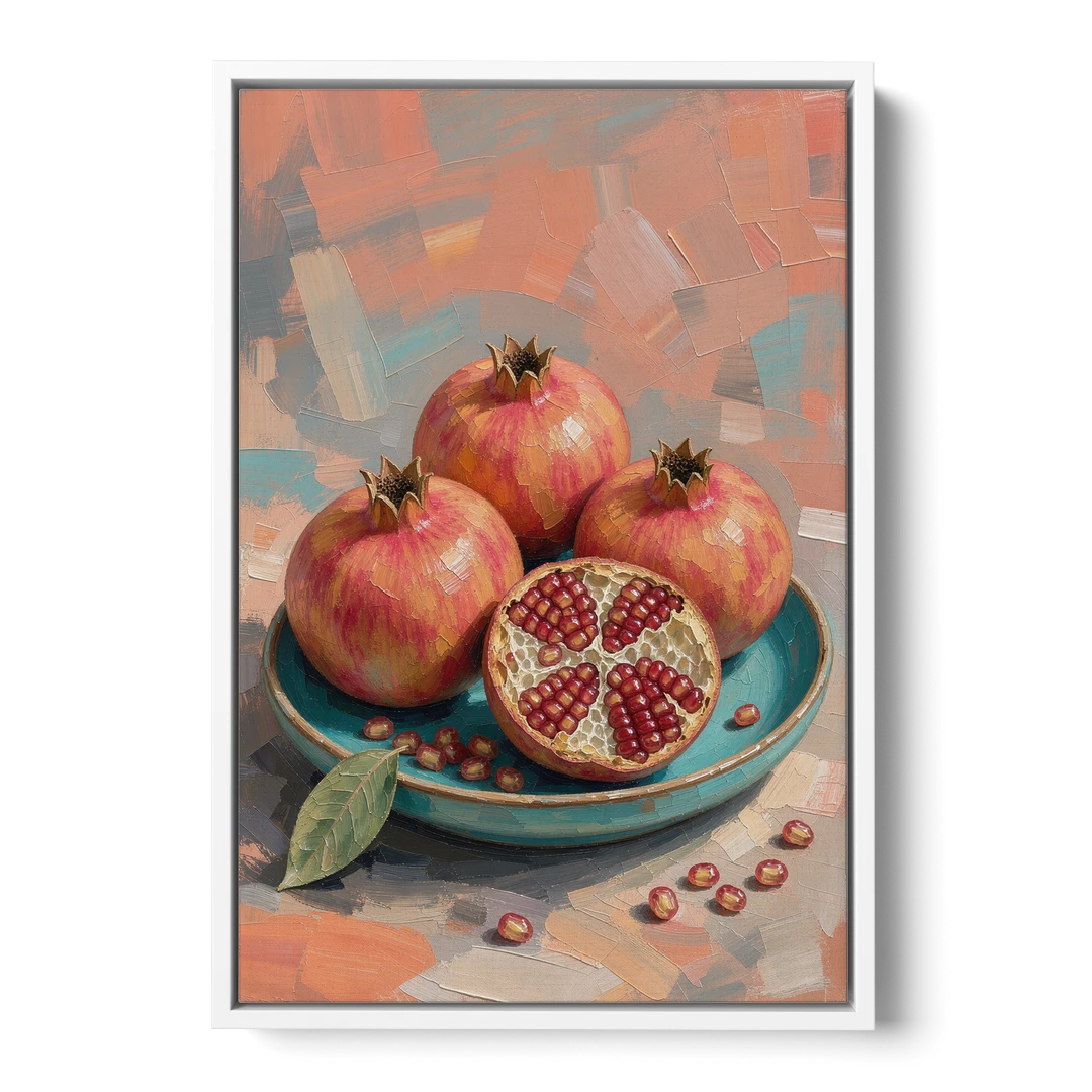 Pomegranates in a Turquoise Bowl for the Kitchen - White Framed Canvas Wall Art - Front