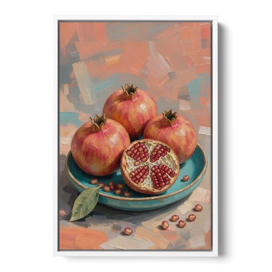 Pomegranates in a Turquoise Bowl for the Kitchen - White Framed Canvas Wall Art - Front