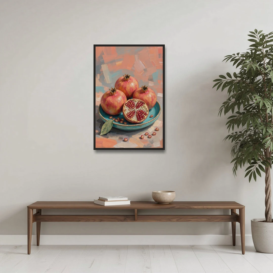 Pomegranates in a Turquoise Bowl for the Kitchen - Black Framed Canvas Wall Art - Coffee Table - 24x36