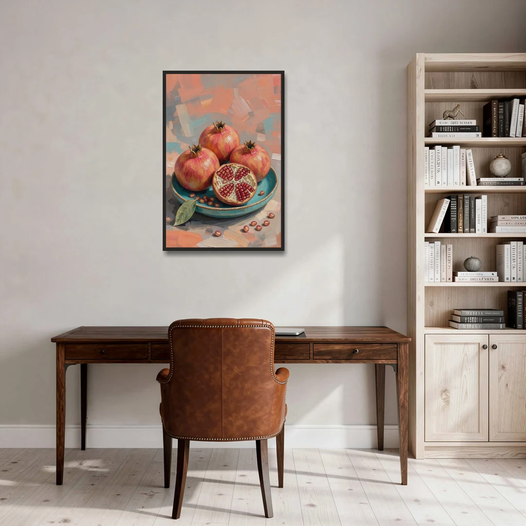 Pomegranates in a Turquoise Bowl for the Kitchen - Black Framed Canvas Wall Art - Office - 24x36