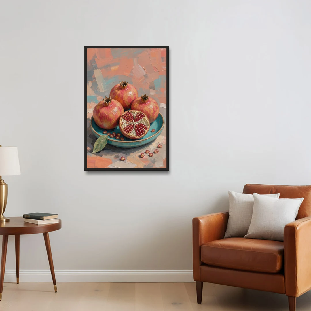 Pomegranates in a Turquoise Bowl for the Kitchen - Black Framed Canvas Wall Art - Sofa - 24x36