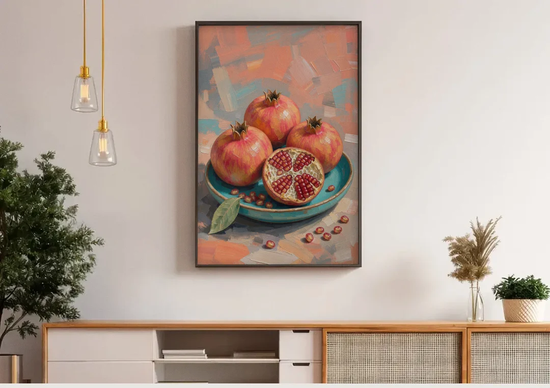 Pomegranates in a Turquoise Bowl for the Kitchen canvas wall art above a wooden sideboard under pendant lights