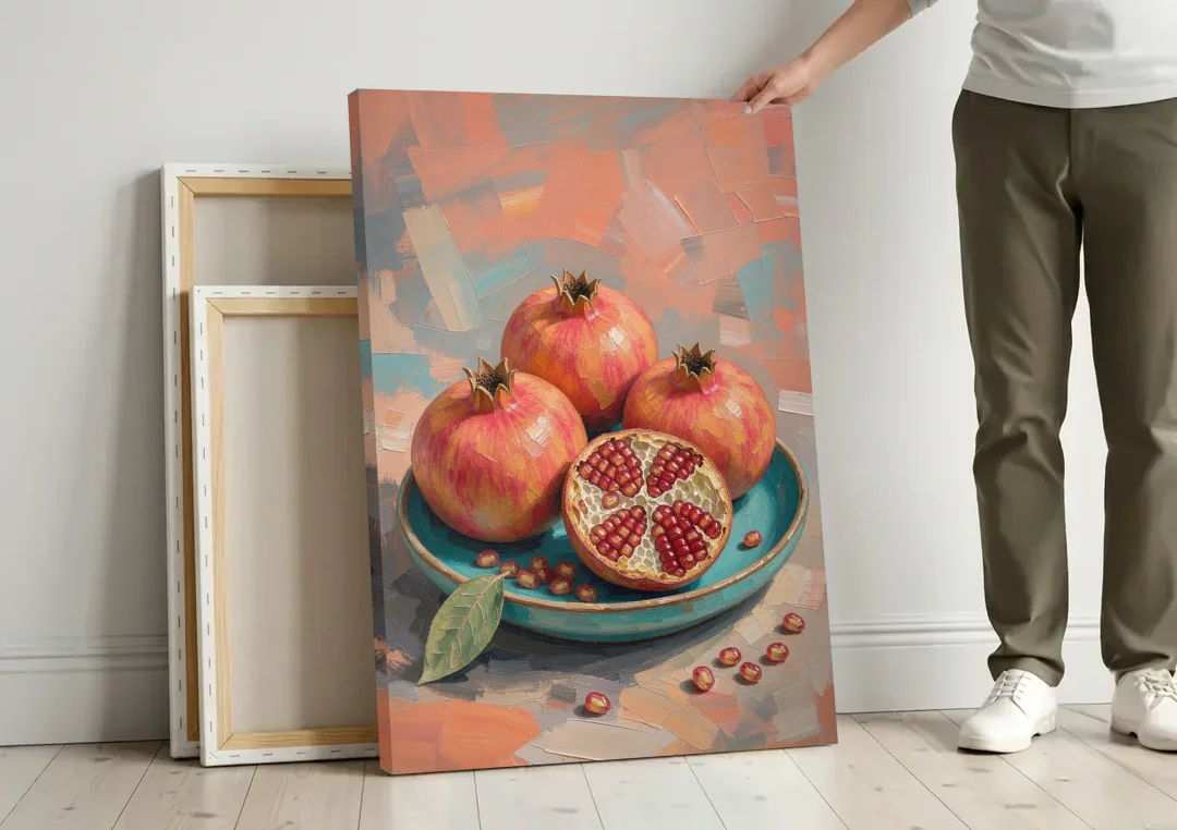 Pomegranates in a Turquoise Bowl for the Kitchen canvas wall art leaning against a wall next to blank canvases