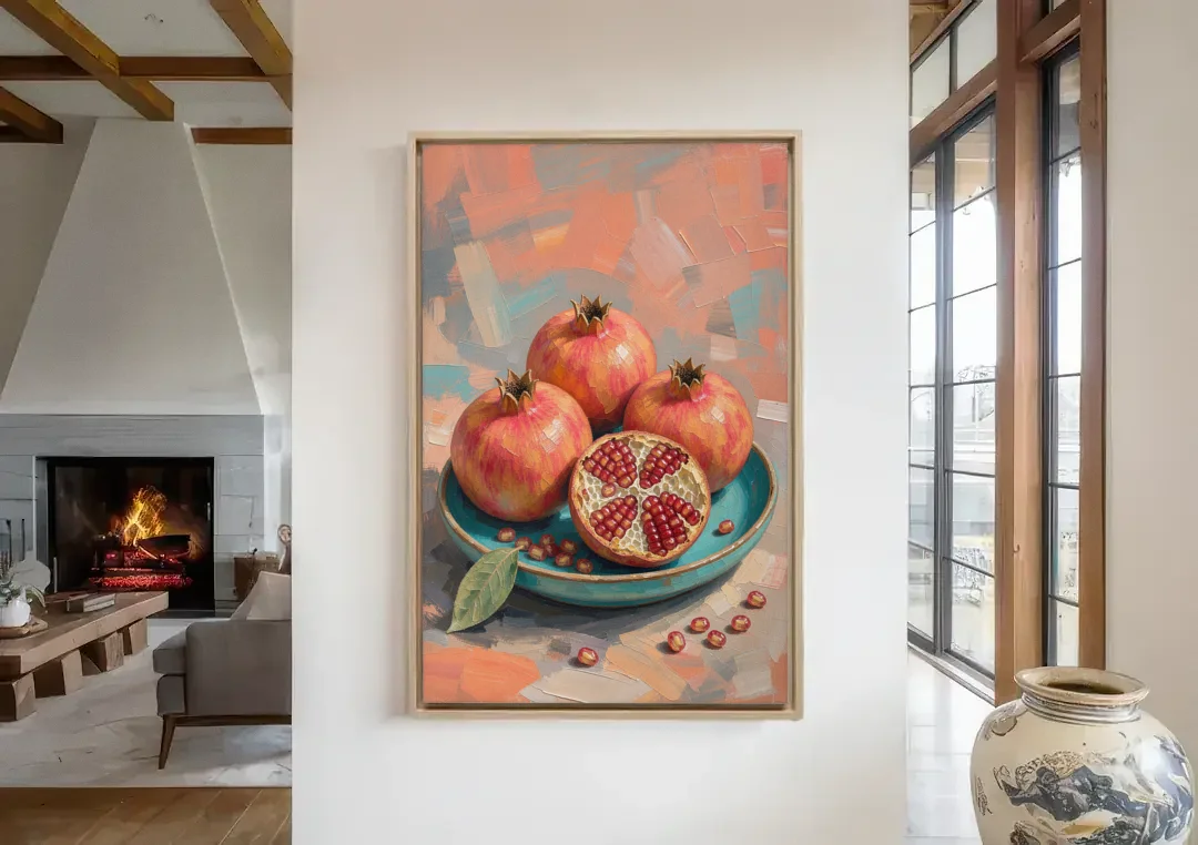 Pomegranates in a Turquoise Bowl for the Kitchen canvas wall art in a living room with a fireplace
