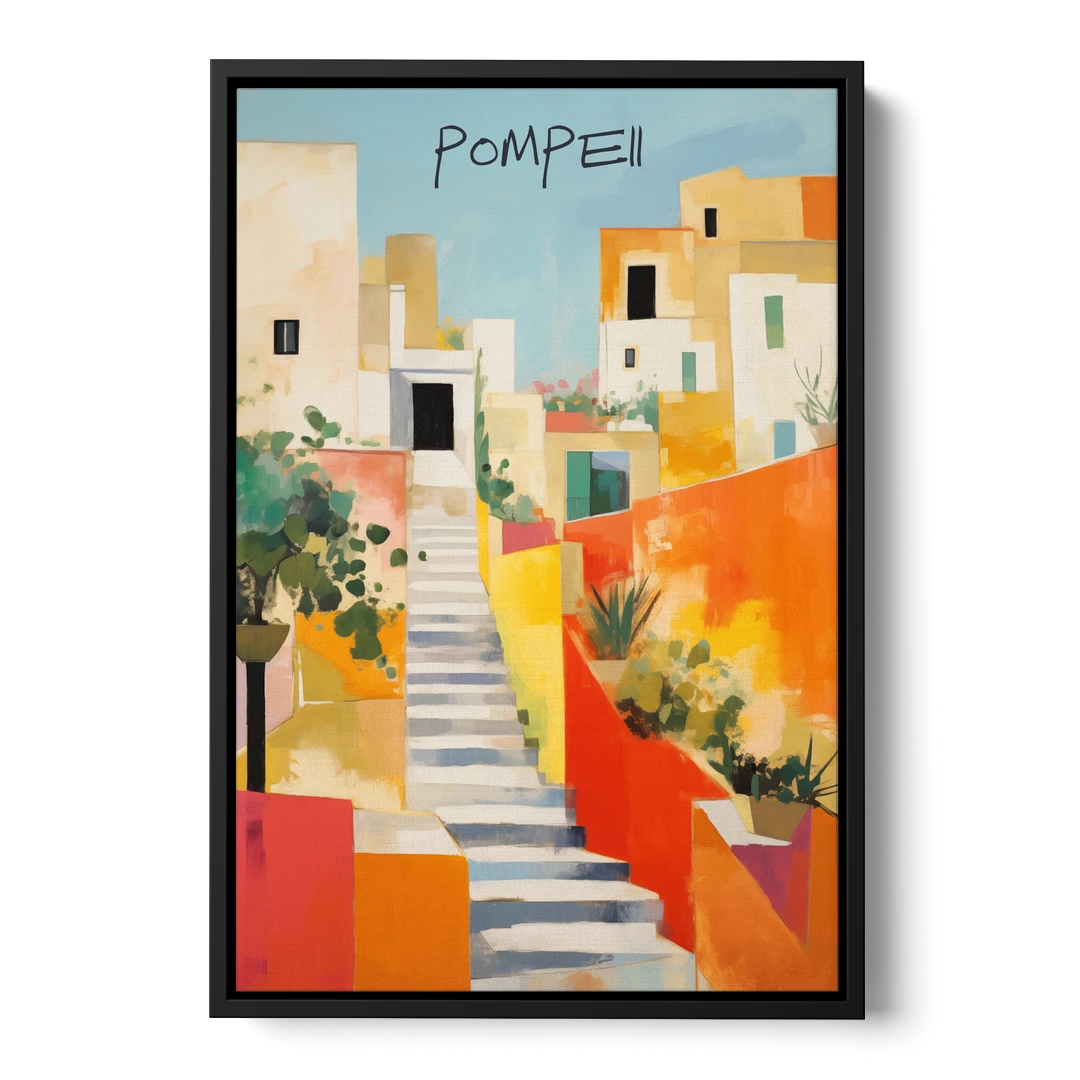 Pompeii Painting of Sunlit White Stairs - Black Framed Canvas Wall Art - Front