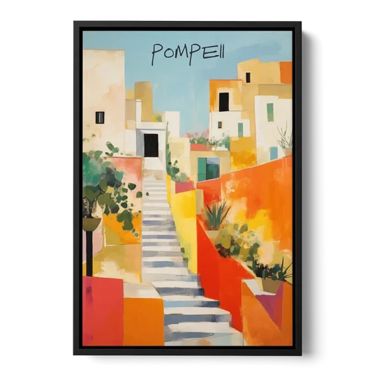 Pompeii Painting of Sunlit White Stairs - Black Framed Canvas Wall Art - Front
