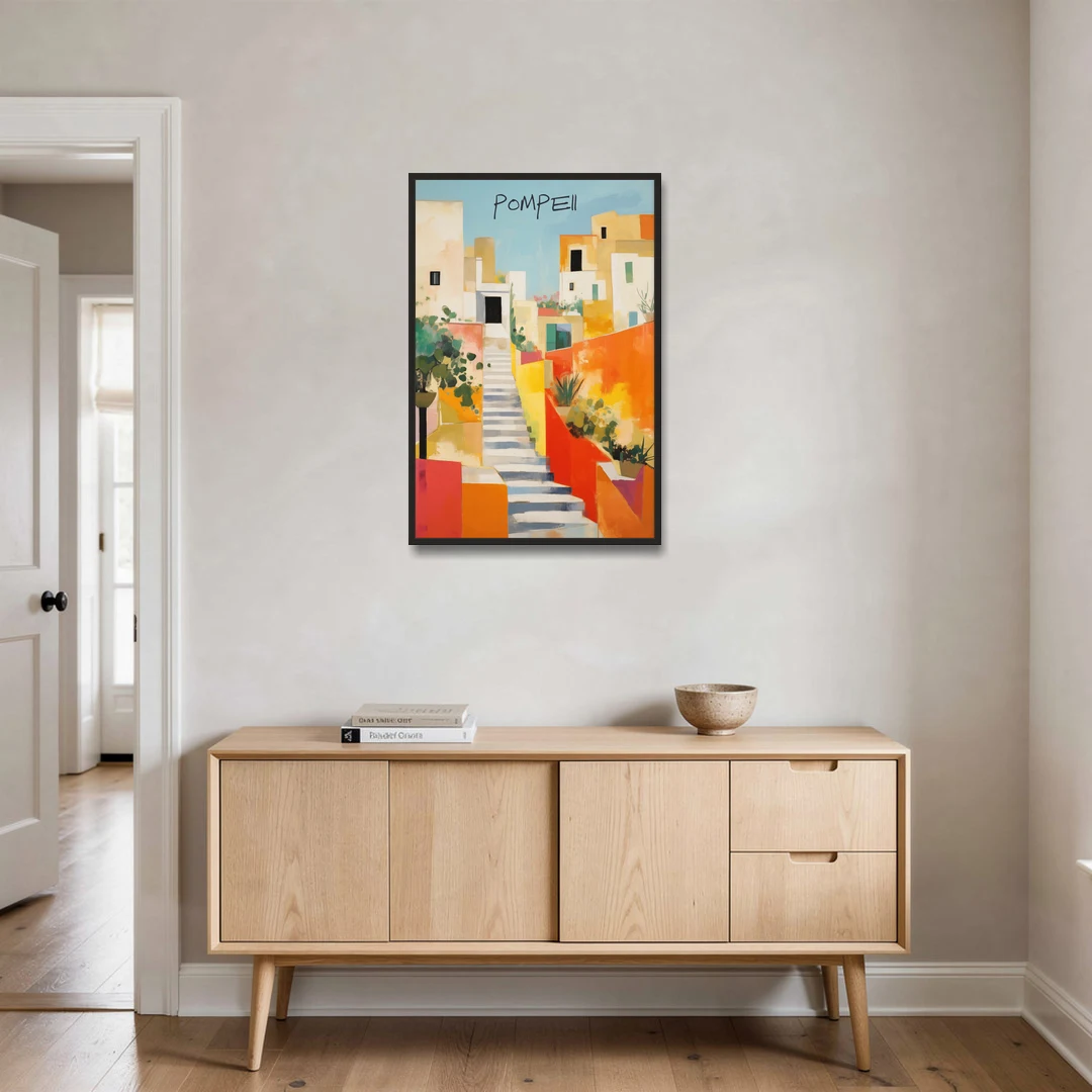 Pompeii Painting of Sunlit White Stairs - Black Framed Canvas Wall Art - Coffee Table - 24x36