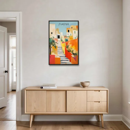 Pompeii Painting of Sunlit White Stairs - Black Framed Canvas Wall Art - Coffee Table - 24x36