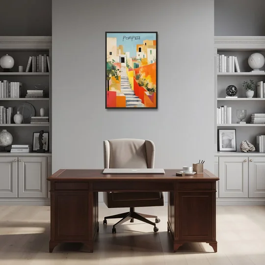 Pompeii Painting of Sunlit White Stairs - Black Framed Canvas Wall Art - Office - 24x36