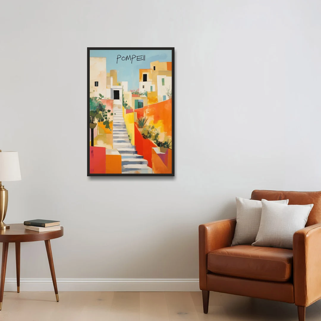 Pompeii Painting of Sunlit White Stairs - Black Framed Canvas Wall Art - Sofa - 24x36