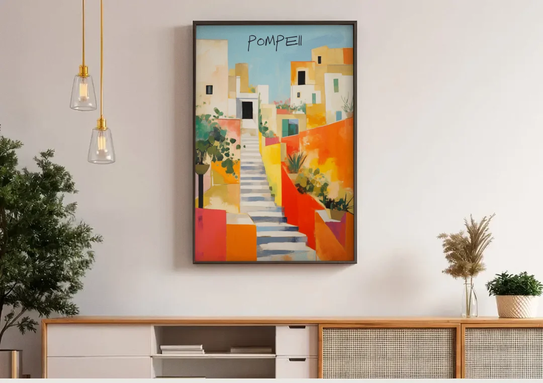 Pompeii Painting of Sunlit White Stairs canvas wall art above a wooden sideboard under pendant lights