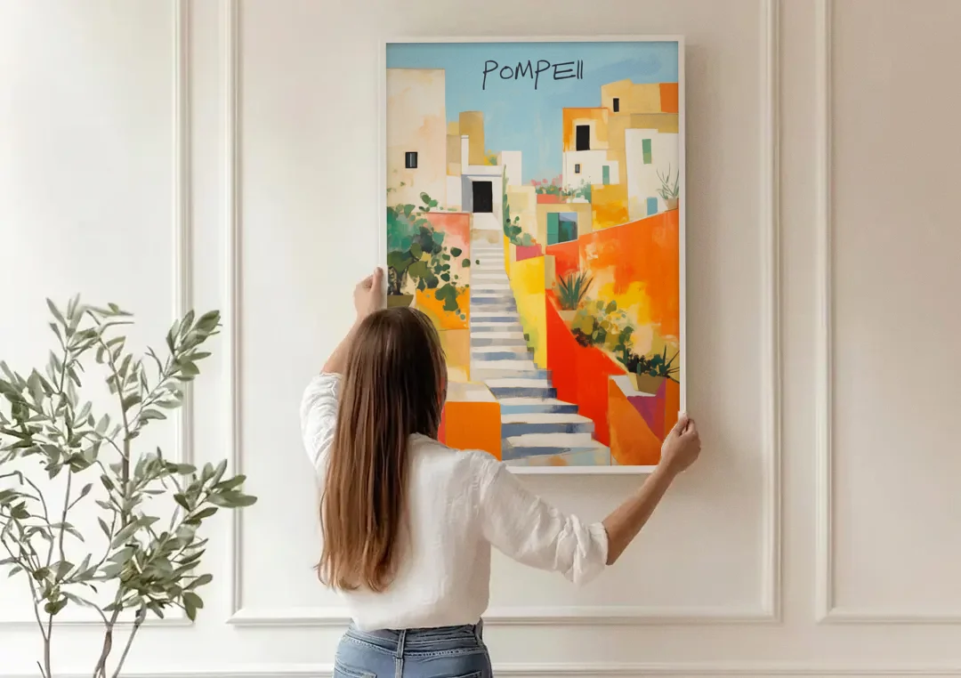 Pompeii Painting of Sunlit White Stairs canvas wall art being hung on a paneled wall