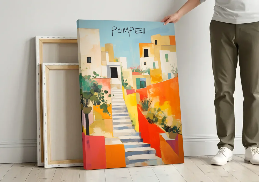 Pompeii Painting of Sunlit White Stairs canvas wall art leaning against a wall next to blank canvases