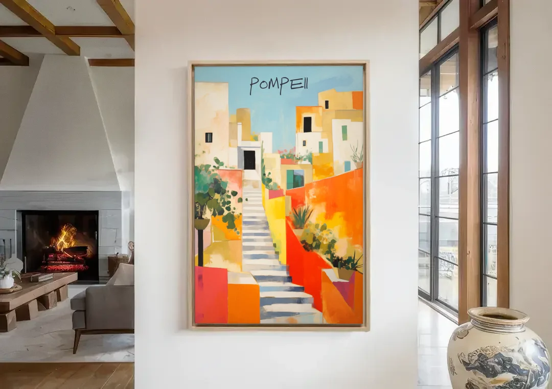 Pompeii Painting of Sunlit White Stairs canvas wall art in a living room with a fireplace