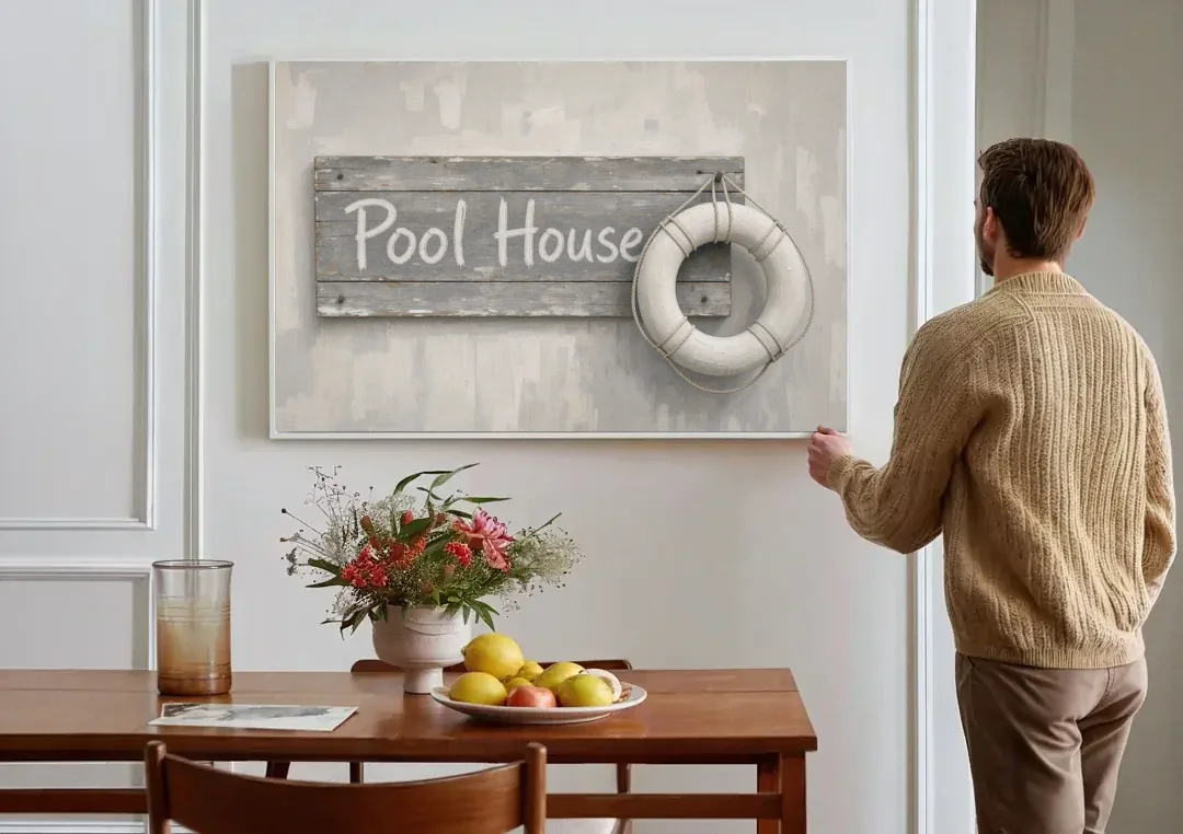 Pool House Sign with White Life Ring canvas wall art above a dining table