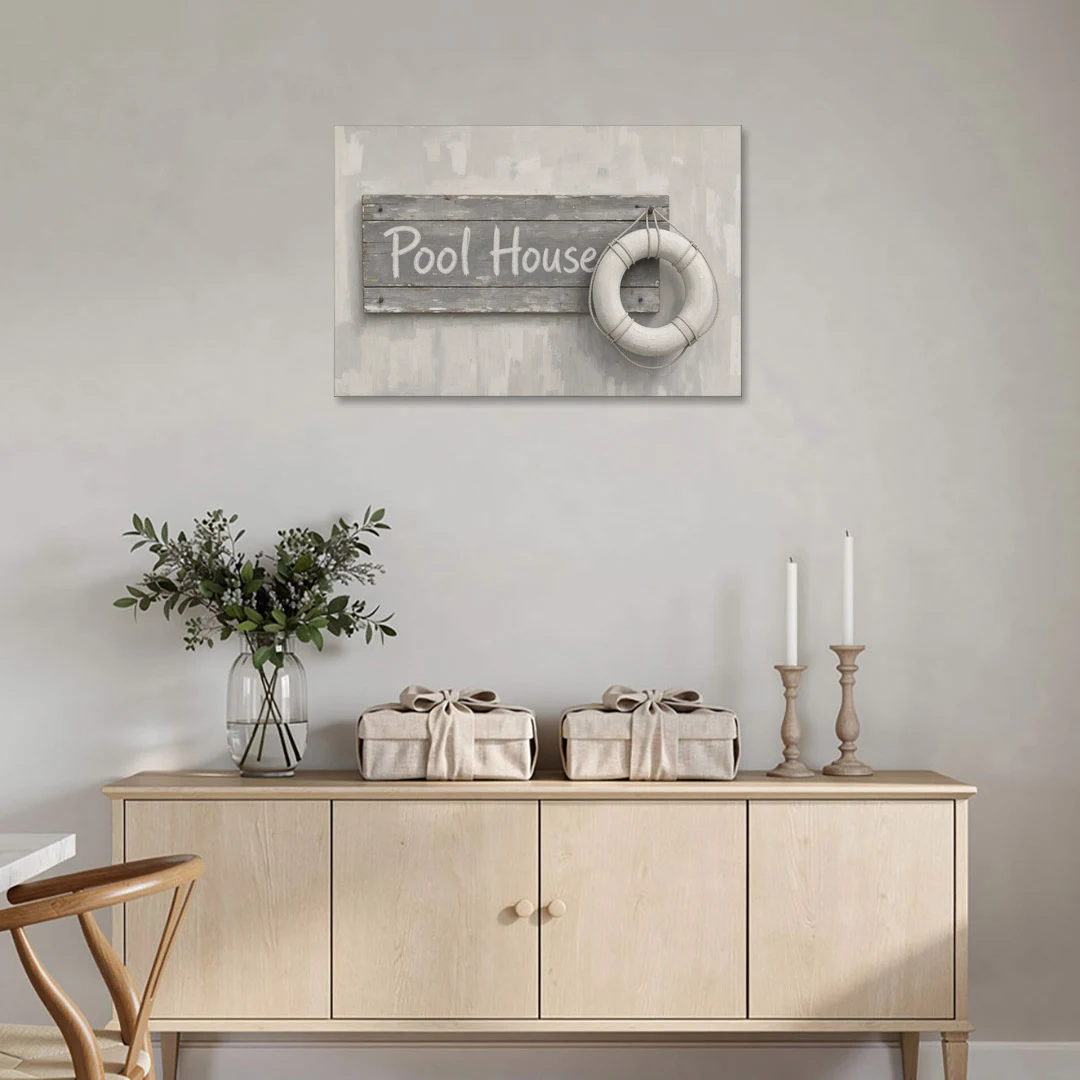 Pool House Sign with White Life Ring - Canvas Wall Art - Coffee Table - 36x24