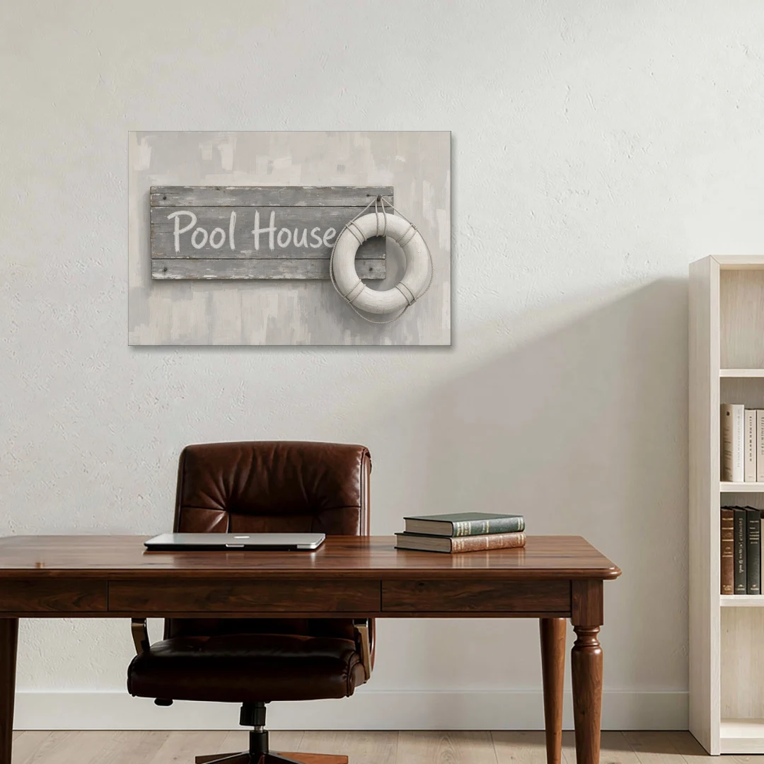 Pool House Sign with White Life Ring - Canvas Wall Art - Office - 36x24