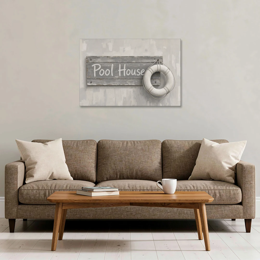 Pool House Sign with White Life Ring - Canvas Wall Art - Sofa - 36x24