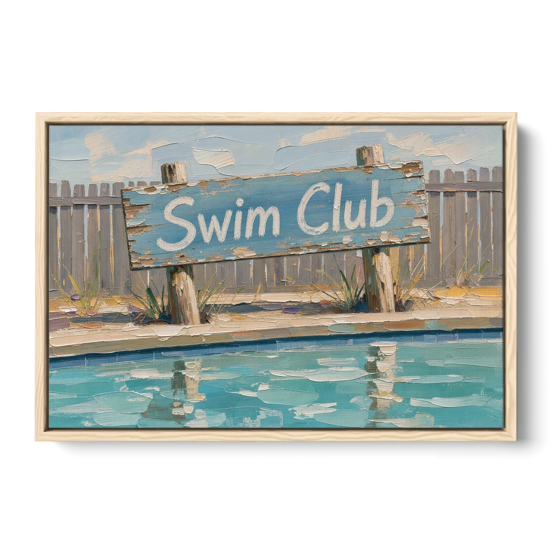 Pool Signs for Backyard Swim Club Board - Oak Framed Canvas Wall Art - Front