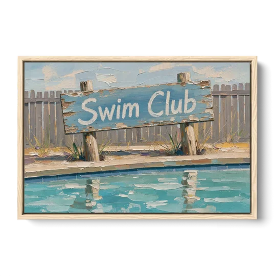 Pool Signs for Backyard Swim Club Board - Oak Framed Canvas Wall Art - Front