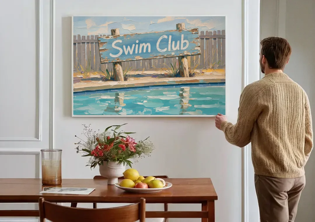 Pool Signs for Backyard Swim Club Board canvas wall art above a dining table