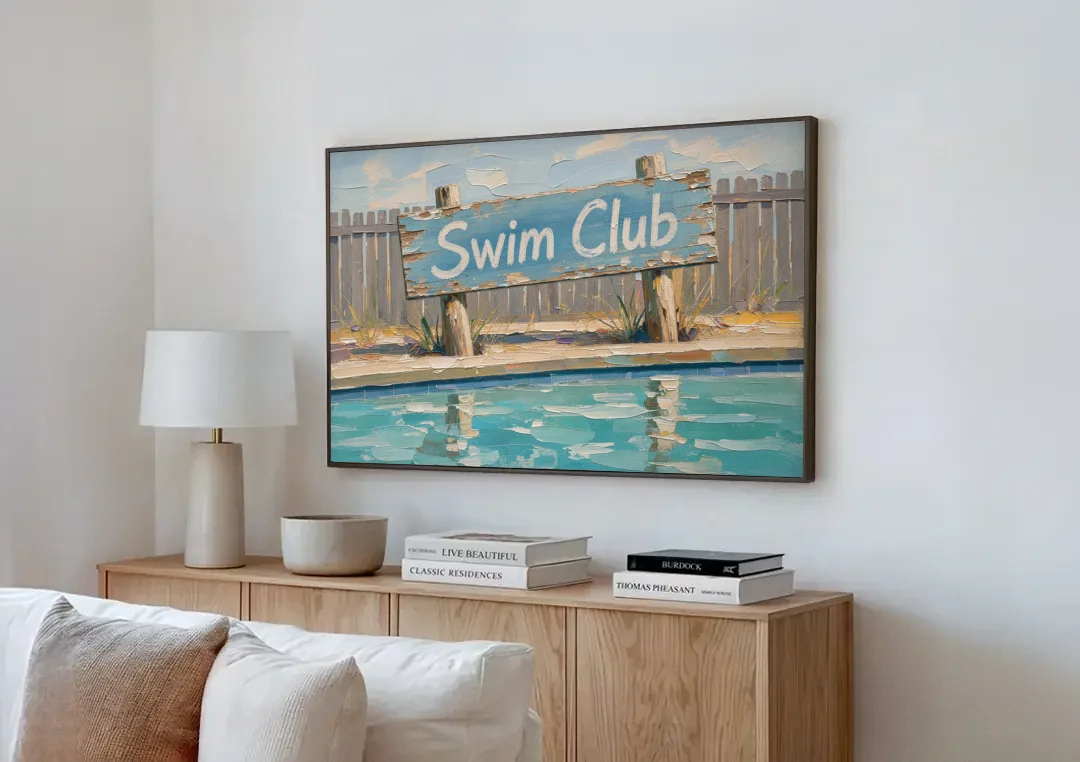 Pool Signs for Backyard Swim Club Board canvas wall art above a wooden sideboard next to a sofa
