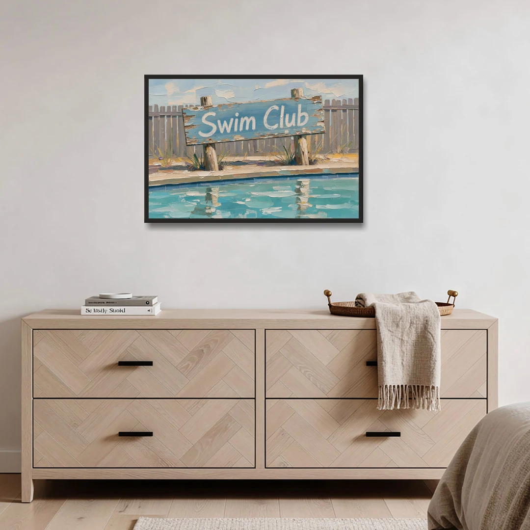 Pool Signs for Backyard Swim Club Board - Black Framed Canvas Wall Art - Coffee Table - 36x24