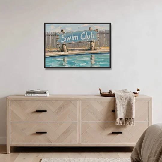 Pool Signs for Backyard Swim Club Board - Black Framed Canvas Wall Art - Coffee Table - 36x24