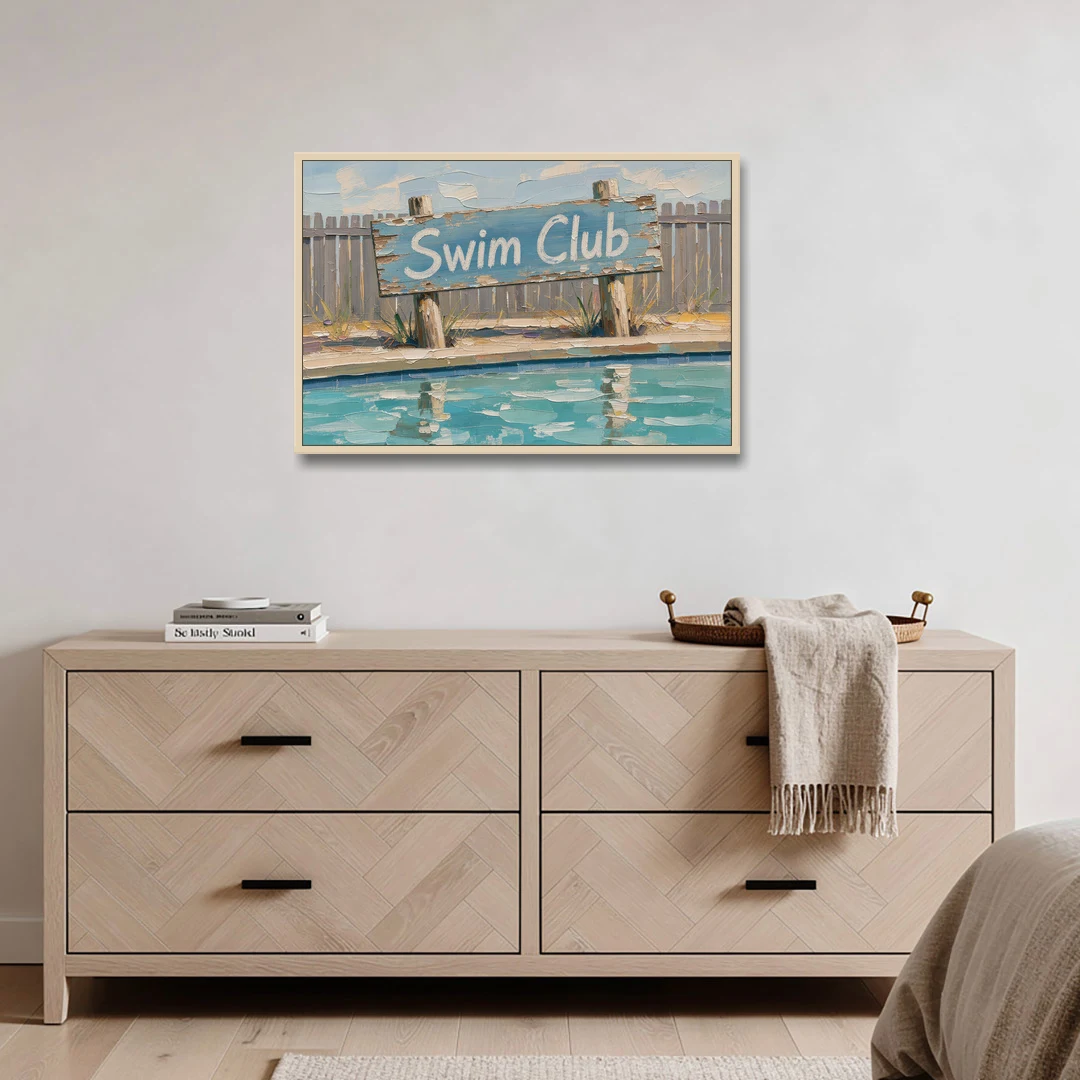 Pool Signs for Backyard Swim Club Board - Oak Framed Canvas Wall Art - Coffee Table - 36x24
