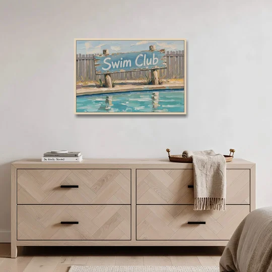 Pool Signs for Backyard Swim Club Board - Oak Framed Canvas Wall Art - Coffee Table - 36x24