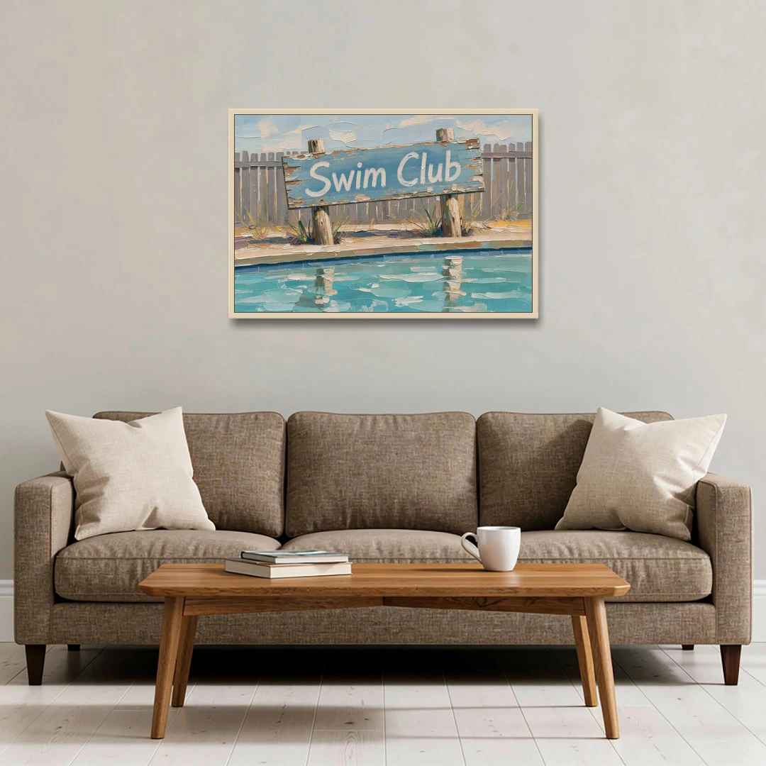 Pool Signs for Backyard Swim Club Board - Oak Framed Canvas Wall Art - Sofa - 36x24